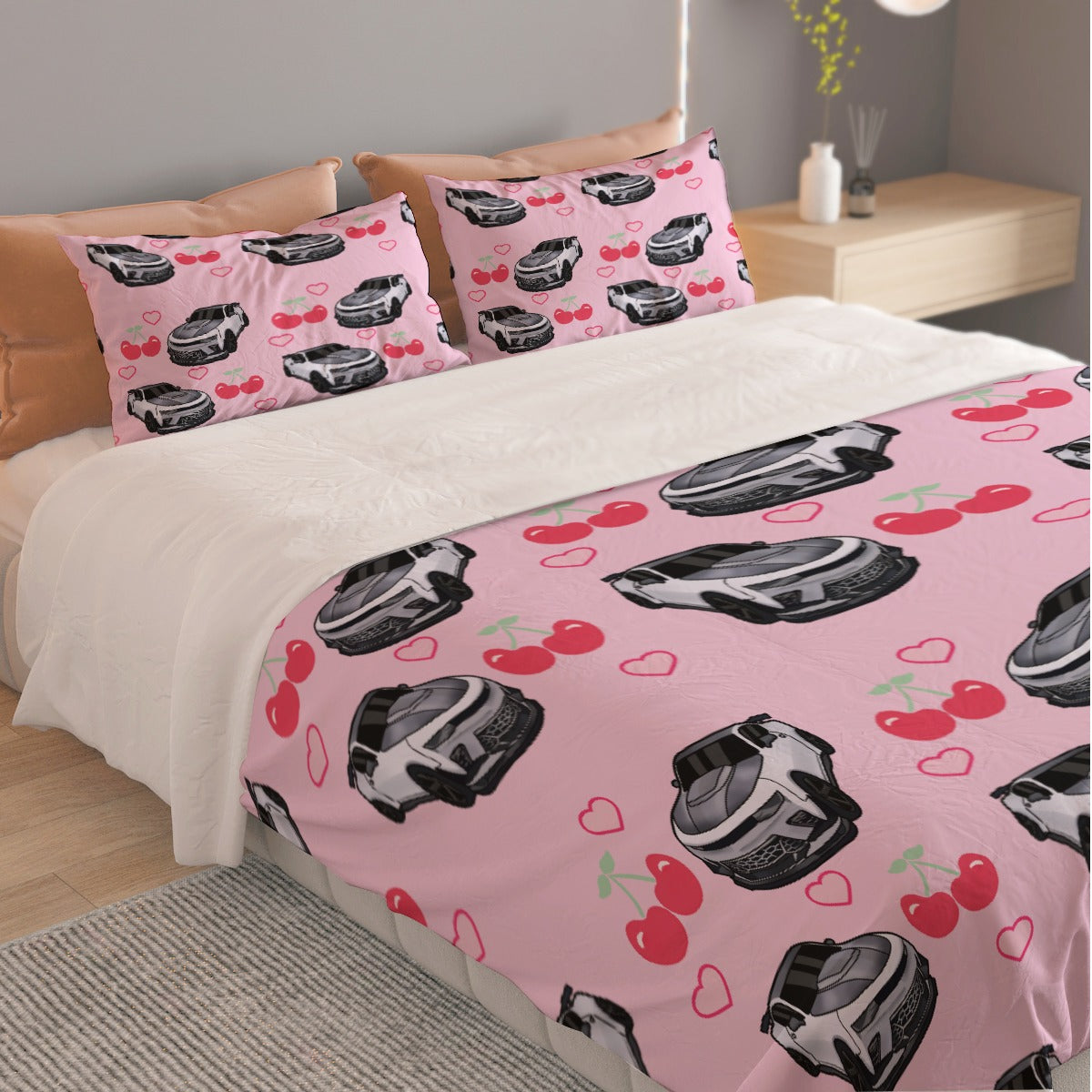 Camaro Pink Three Piece Duvet Cover Bedding Set