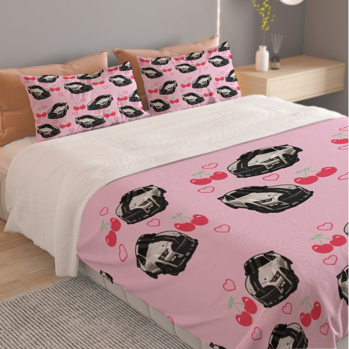 Shelby Pink Mustang Three Piece Duvet Cover Bedding Set