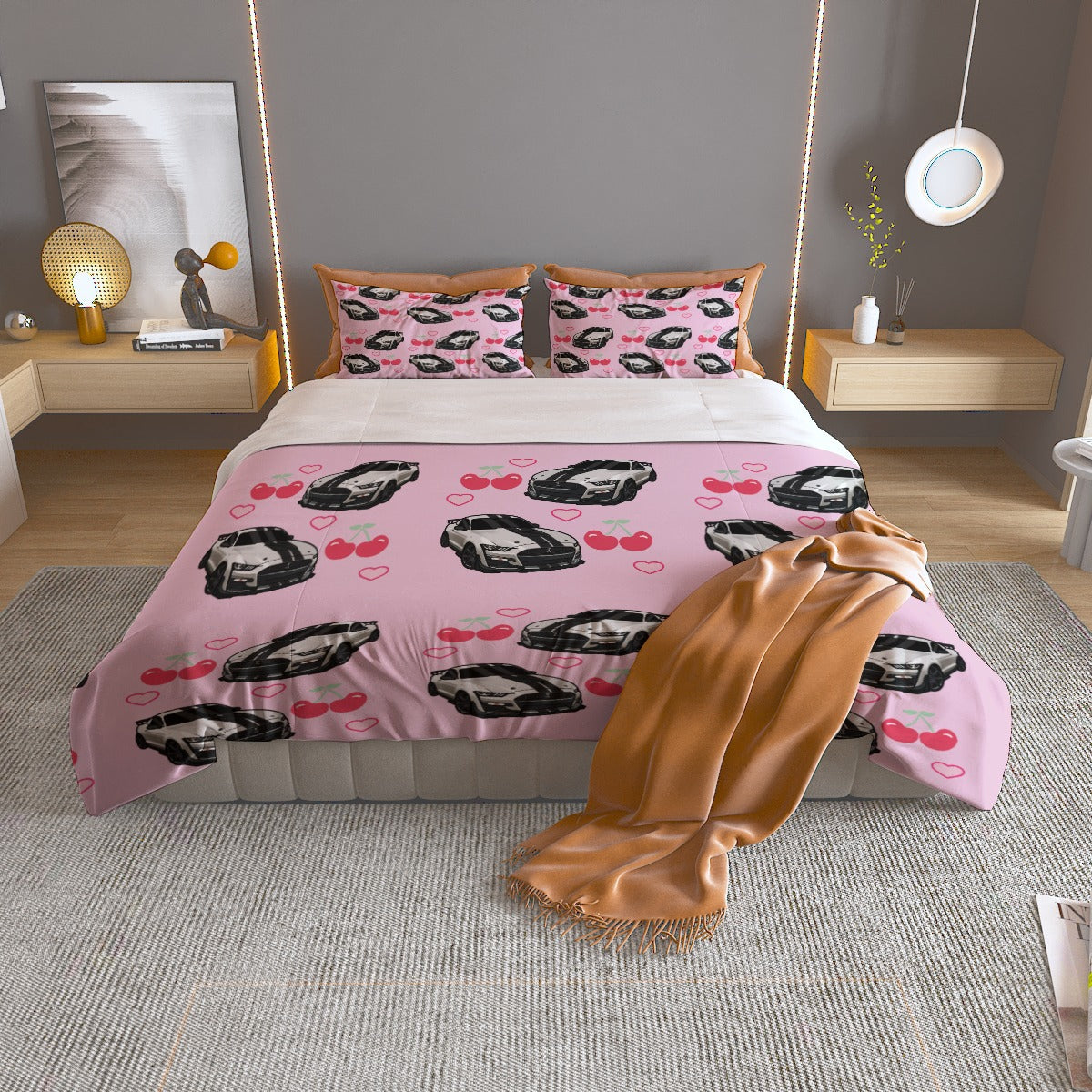Shelby Pink Mustang Three Piece Duvet Cover Bedding Set