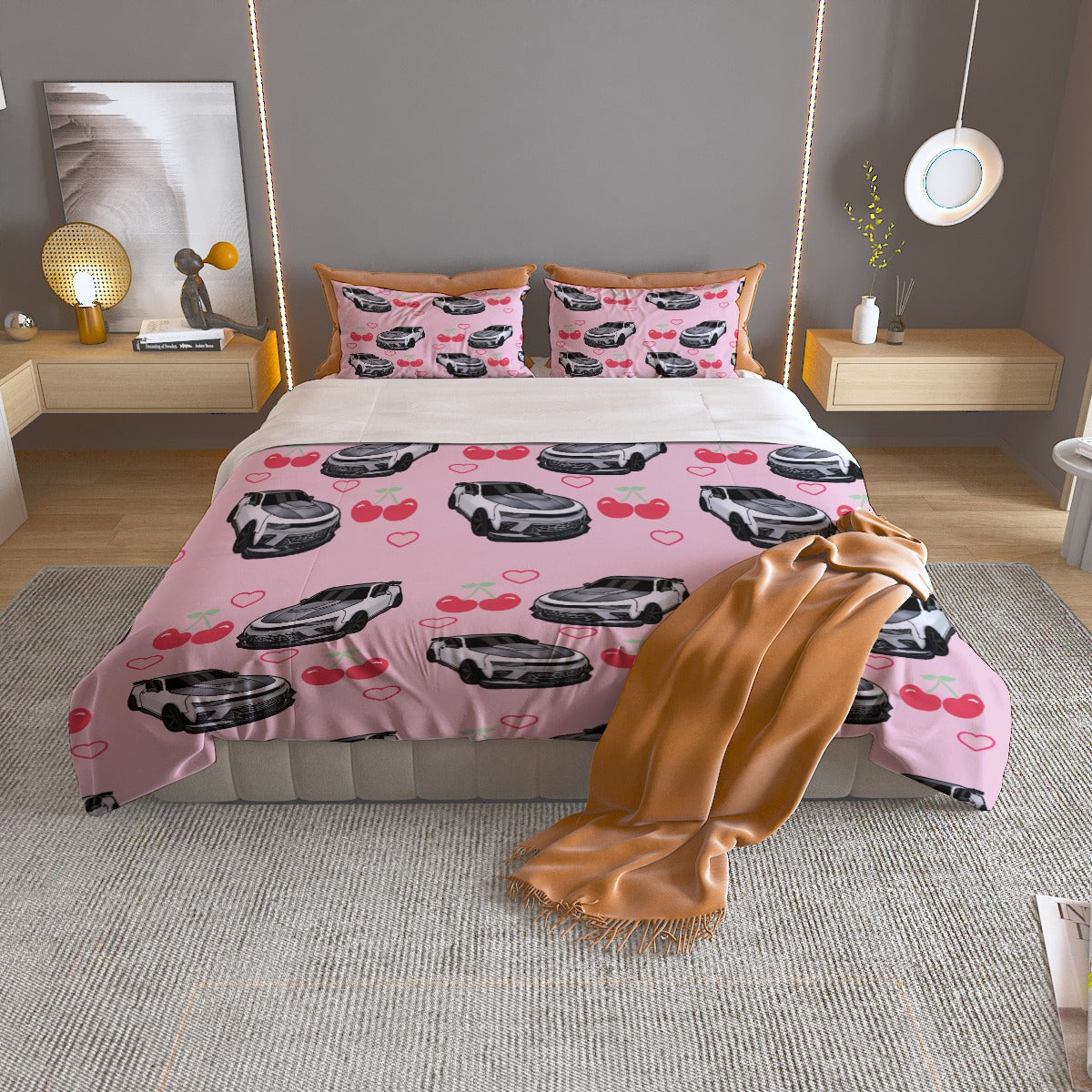 Camaro Pink Three Piece Duvet Cover Bedding Set