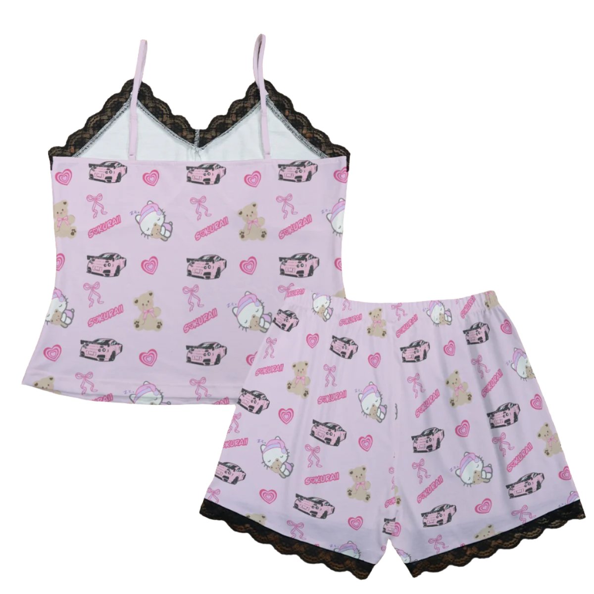 R35 GTR Pajama Cami Lace Set Teddy Bows Baby Pink