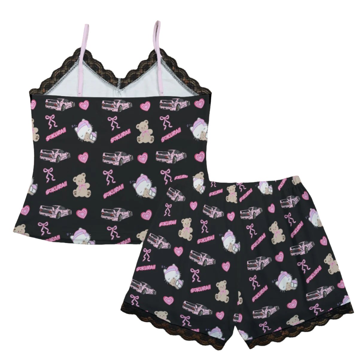 F40 Pajama Cami Lace Set Teddy Bows Black