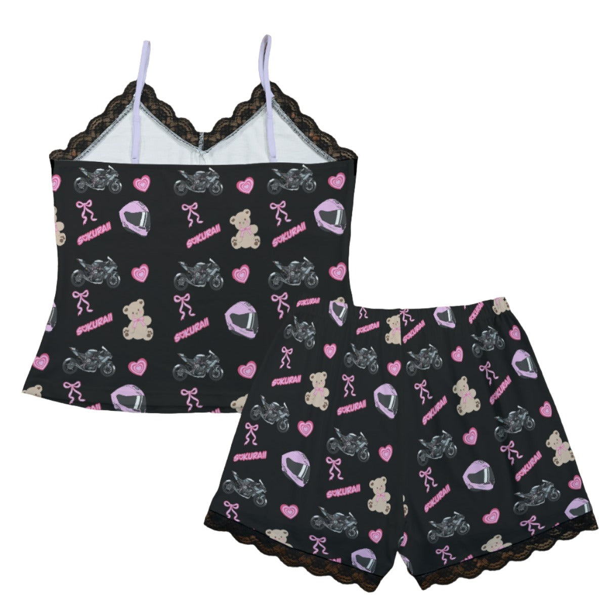 Kawasaki Ninja H2 R Pajama Cami Lace Set Teddy Bows Black