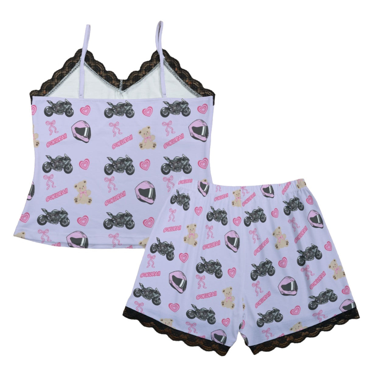 Kawasaki Ninja H2 R Pajama Cami Lace Set Teddy Bows Lavender