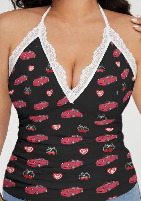 Miata Full Length Lace Halter Tie-Back Top Black