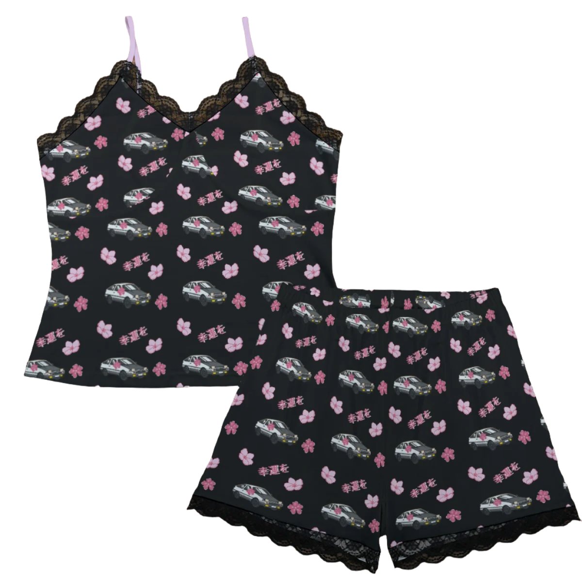 AE86 Pajama Cami Lace Cherry Blossom X Good luck in Black