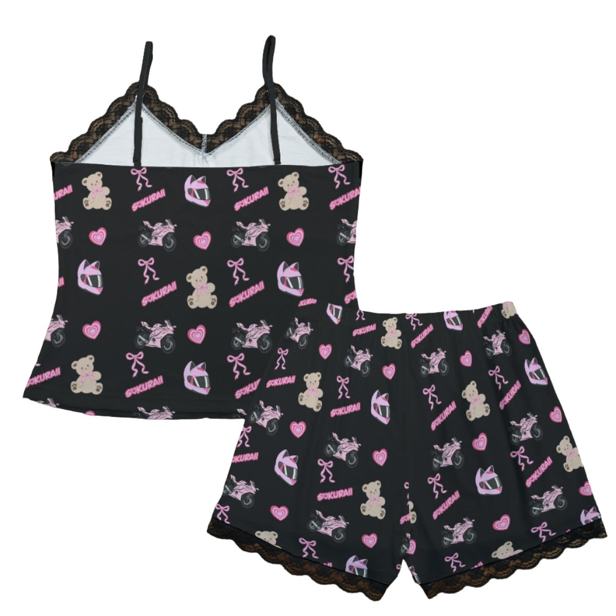 Yamaha R6 Pajama Cami Lace Set Teddy Bows Black