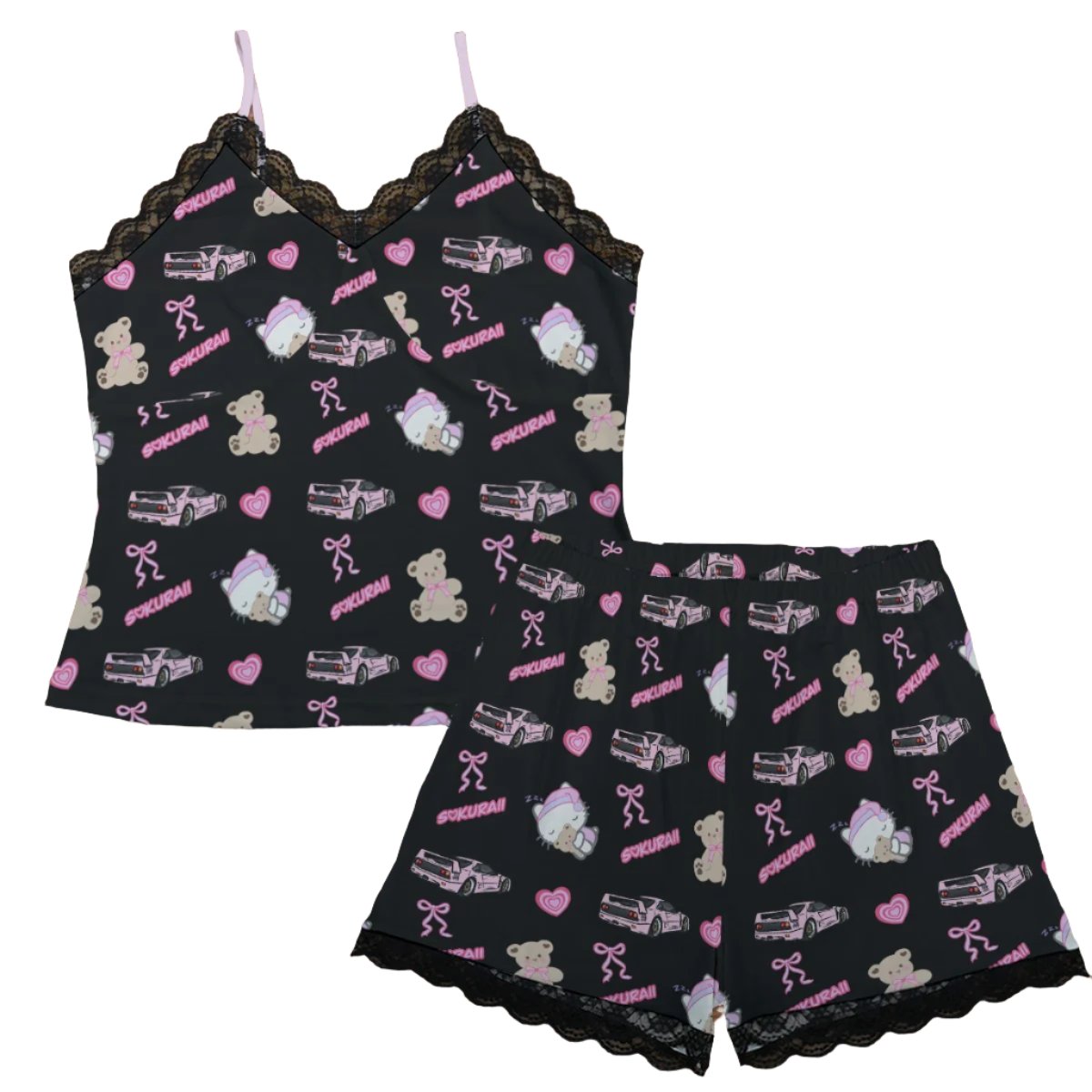 F40 Pajama Cami Lace Set Teddy Bows Black