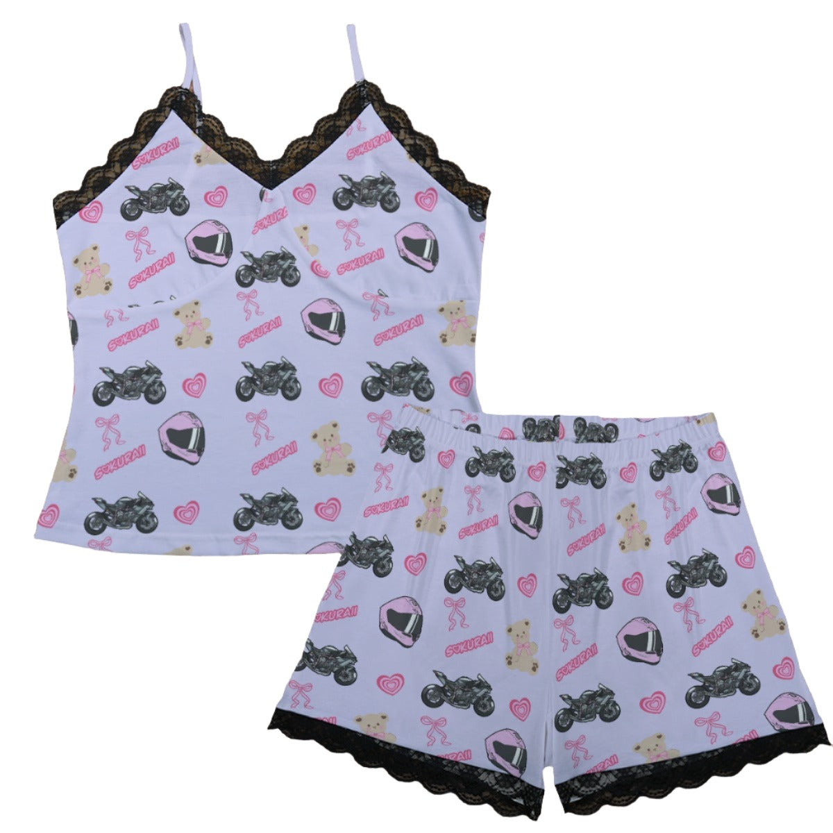 Kawasaki Ninja H2 R Pajama Cami Lace Set Teddy Bows Lavender