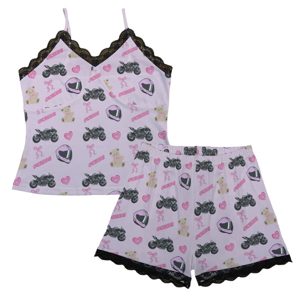 Kawasaki Ninja H2 R Pajama Cami Lace Set Teddy Bows Pink