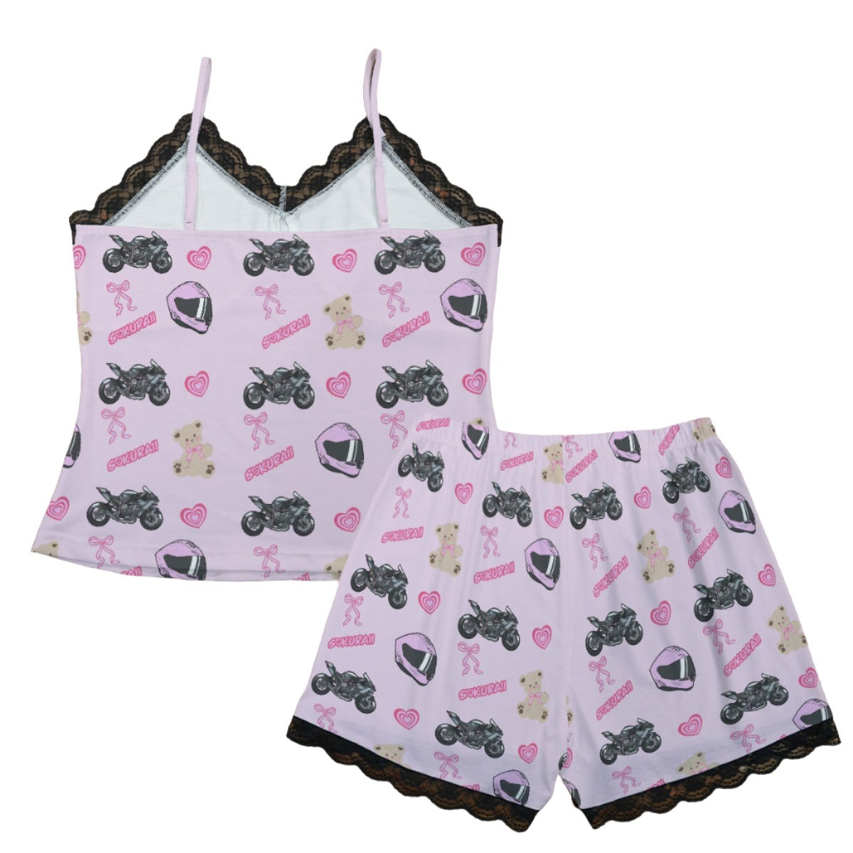 Kawasaki Ninja H2 R Pajama Cami Lace Set Teddy Bows Pink - 0