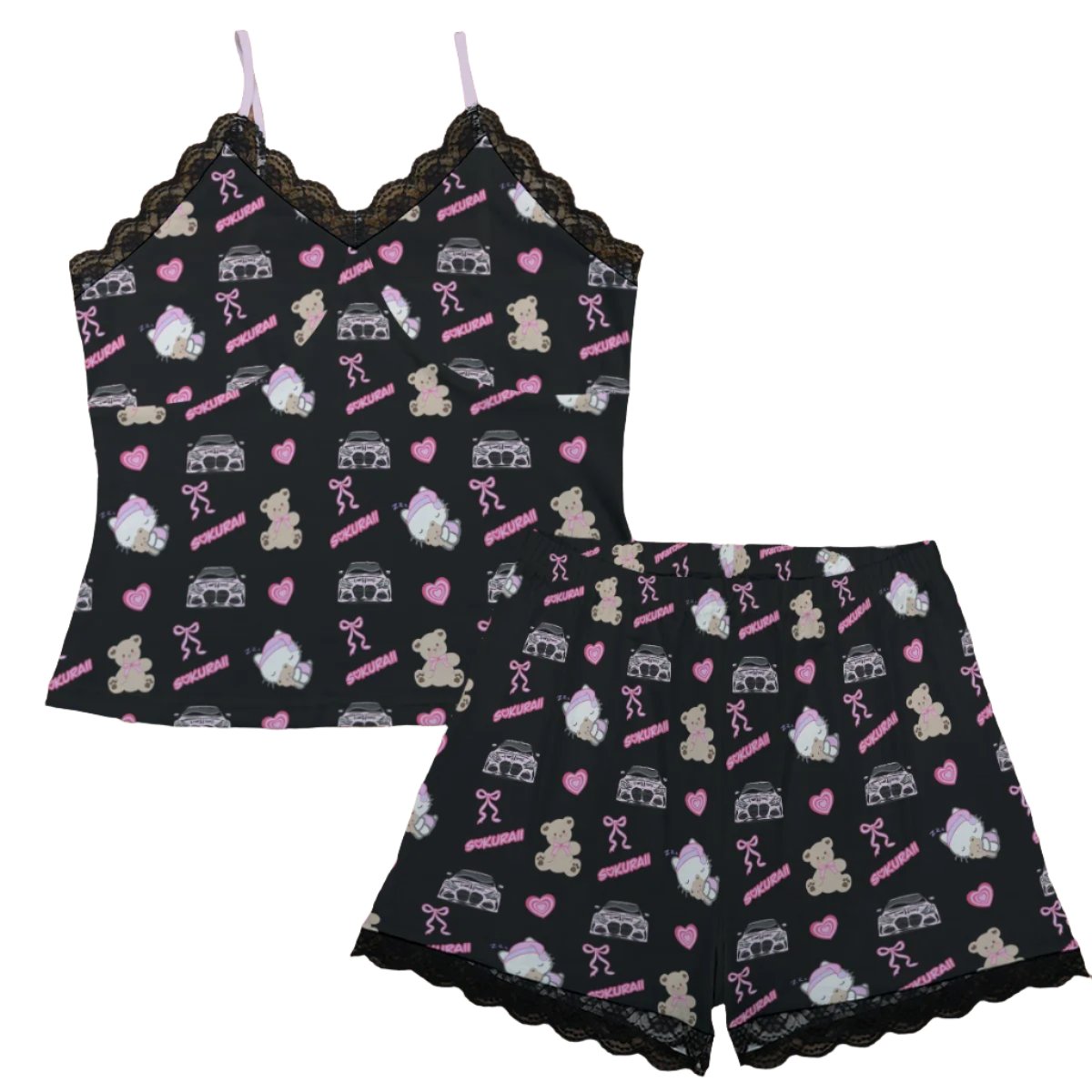 M4 Pajama Cami Lace Teddy Bows in Black