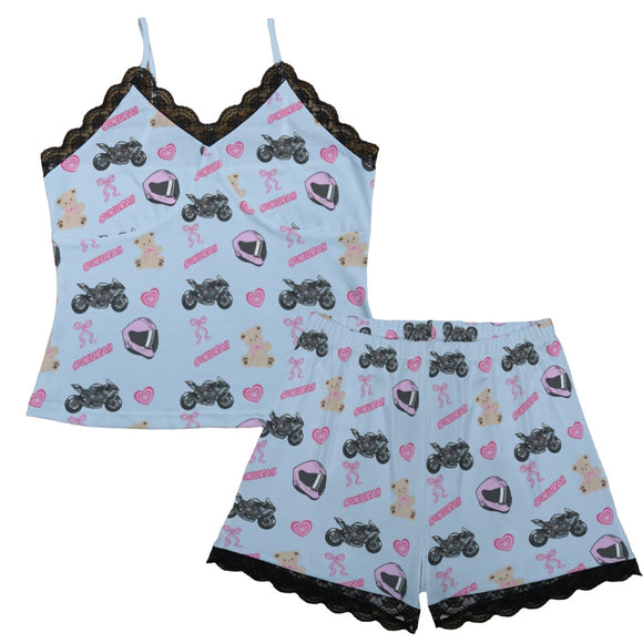 Kawasaki Ninja H2 R Pajama Cami Lace Set Teddy Bows Baby Blue