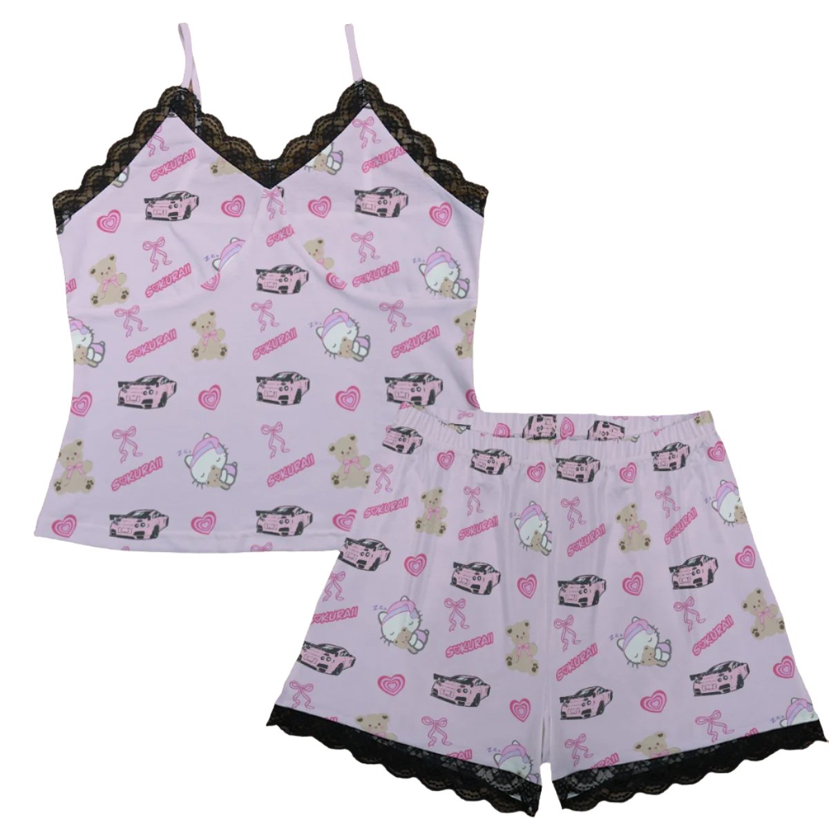 R35 GTR Pajama Cami Lace Set Teddy Bows Baby Pink