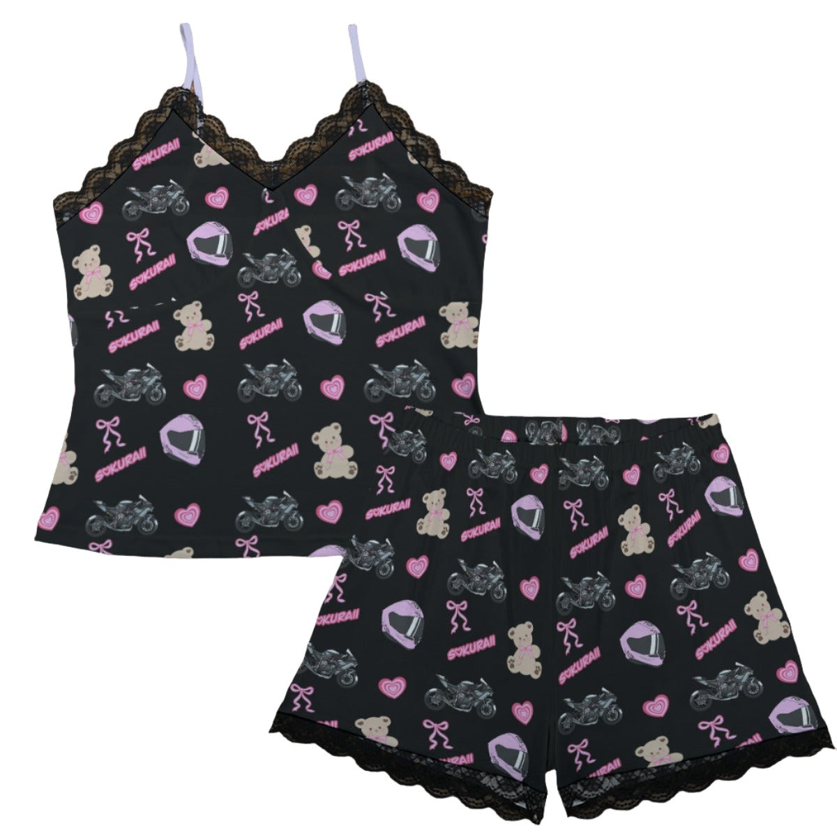 Kawasaki Ninja H2 R Pajama Cami Lace Set Teddy Bows Black