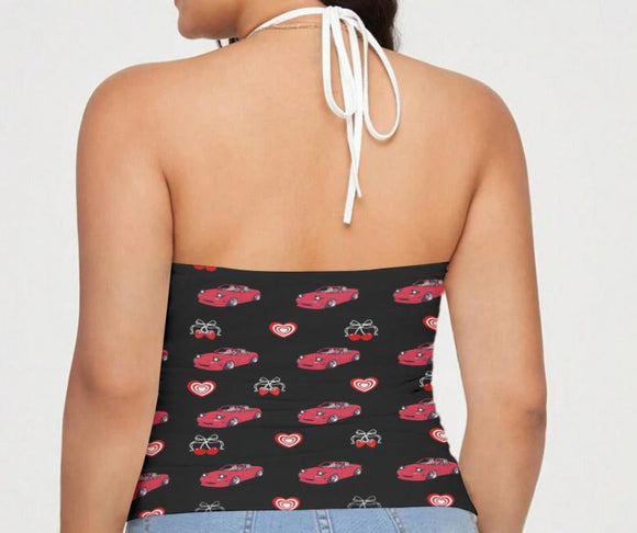 Miata Full Length Lace Halter Tie-Back Top Black