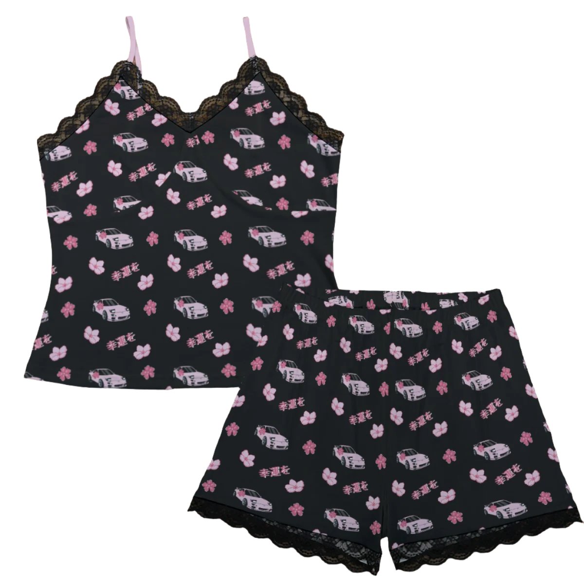 RX7 Pajama Cami Lace Cherry Blossom X Good luck in Black