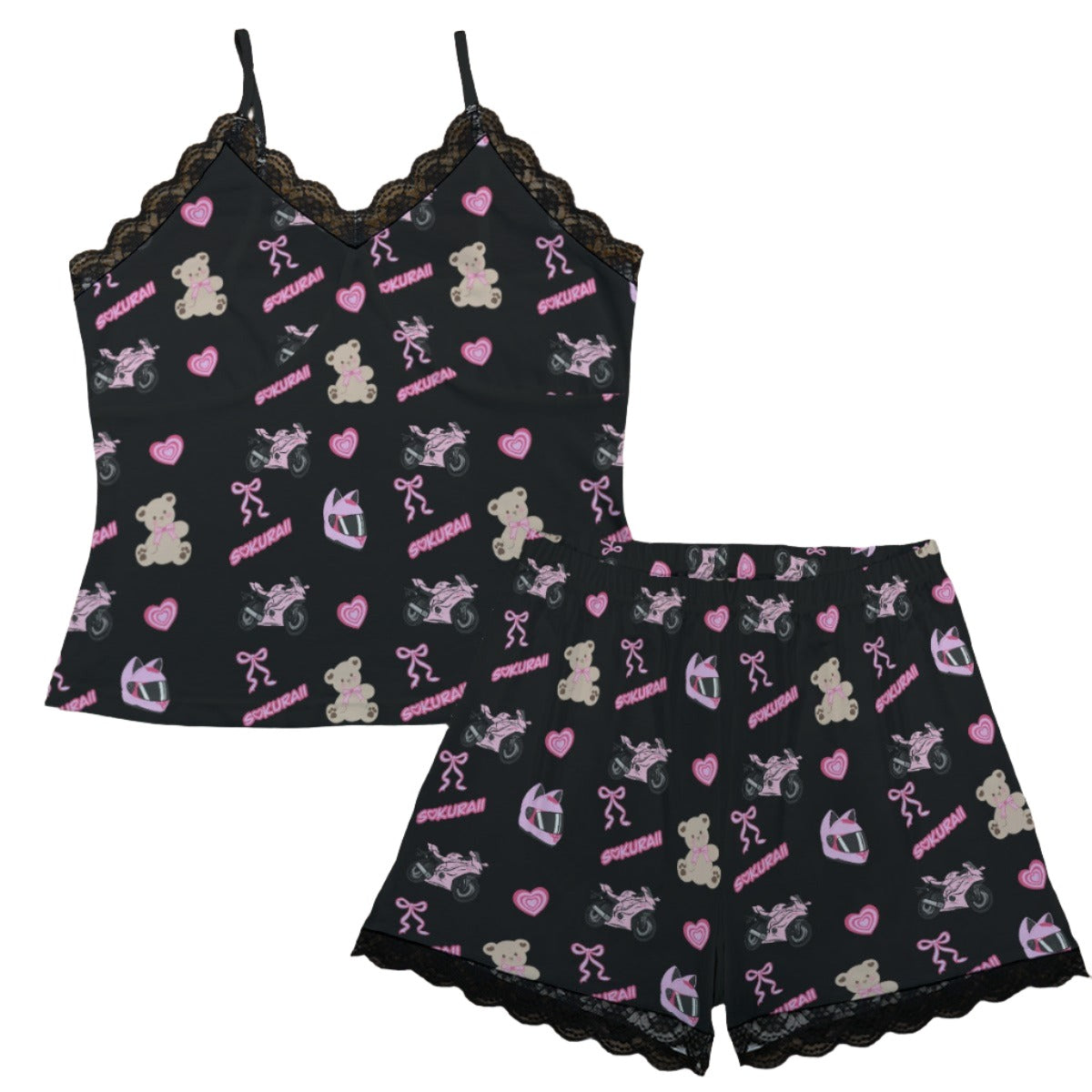 Yamaha R6 Pajama Cami Lace Set Teddy Bows Black