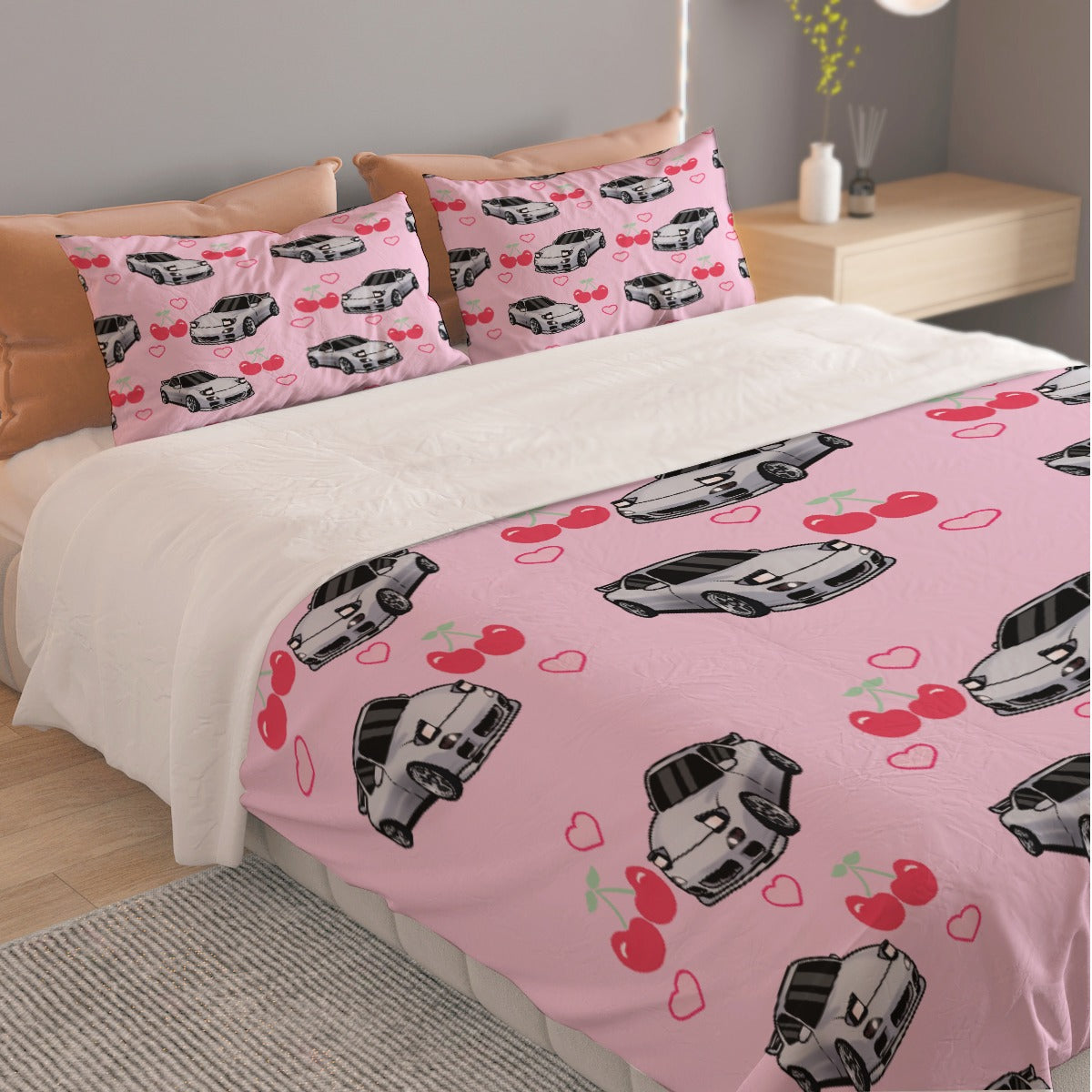 RX7 Pink Cherry Three Piece Duvet Cover Bedding Set